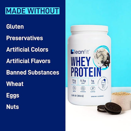 LeanFit WHEY Protein Cookies & Cream - 100% Whey Protein Powder, 25g Protein Per Serving - Grass-Fed, Gluten-Free, BCAAs, Amino Acid - 26 Servings, 1.88 lb Tub