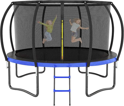 Trampoline 12FT 14FT 15FT 16FT for Kids/Adults - Outdoor Recreational with Enclosure Net Curved Poles and Ladder, Heavy Duty Anti-Rust Coating, ASTM Approval