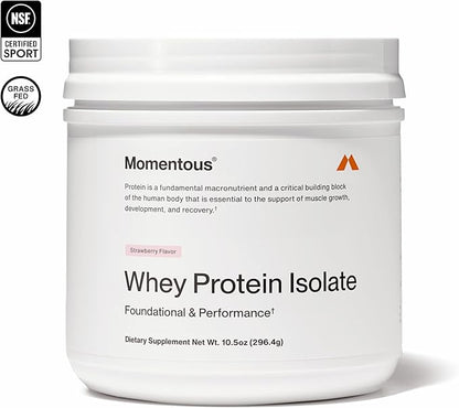 Momentous Essential Grass-Fed Whey Protein Powder - 20 g Whey Isolate Protein - NSF Certified for Sport - Gluten-Free - 12 Servings for Essential Everyday Use - Strawberry - Package May Vary