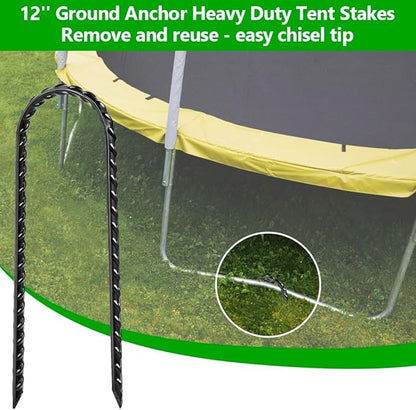 12 Pack Trampoline Stakes, 12 Inches Trampoline Wind Stakes, Heavy Duty Ground Anchors, U Shaped Rebar Ground Stake with T Hook for Security Swing Set Camping Soccer Goals(Black)