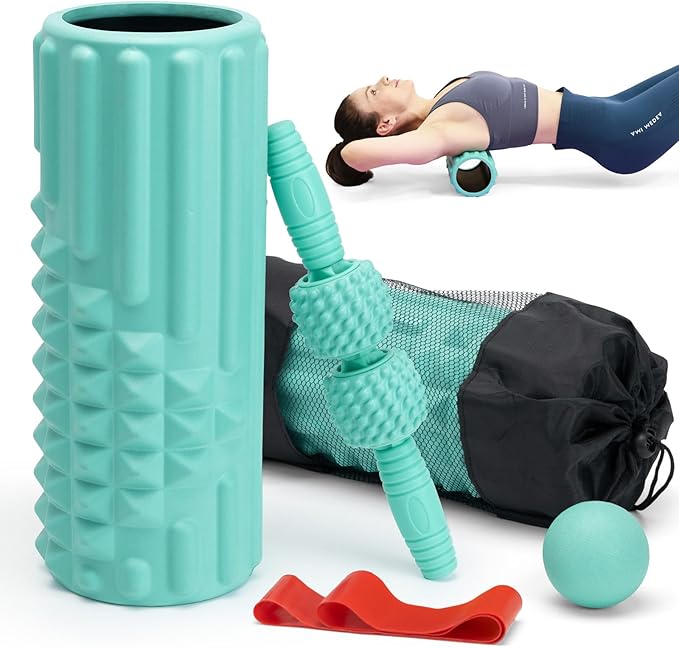 5 in 1 Foam Roller Set, High Density Fitness Exercise Foam Roller for Deep Tissue Muscle Massage, Massage Roller, Massage Ball, Resistance Band, for Whole Body(Tiffany Green)