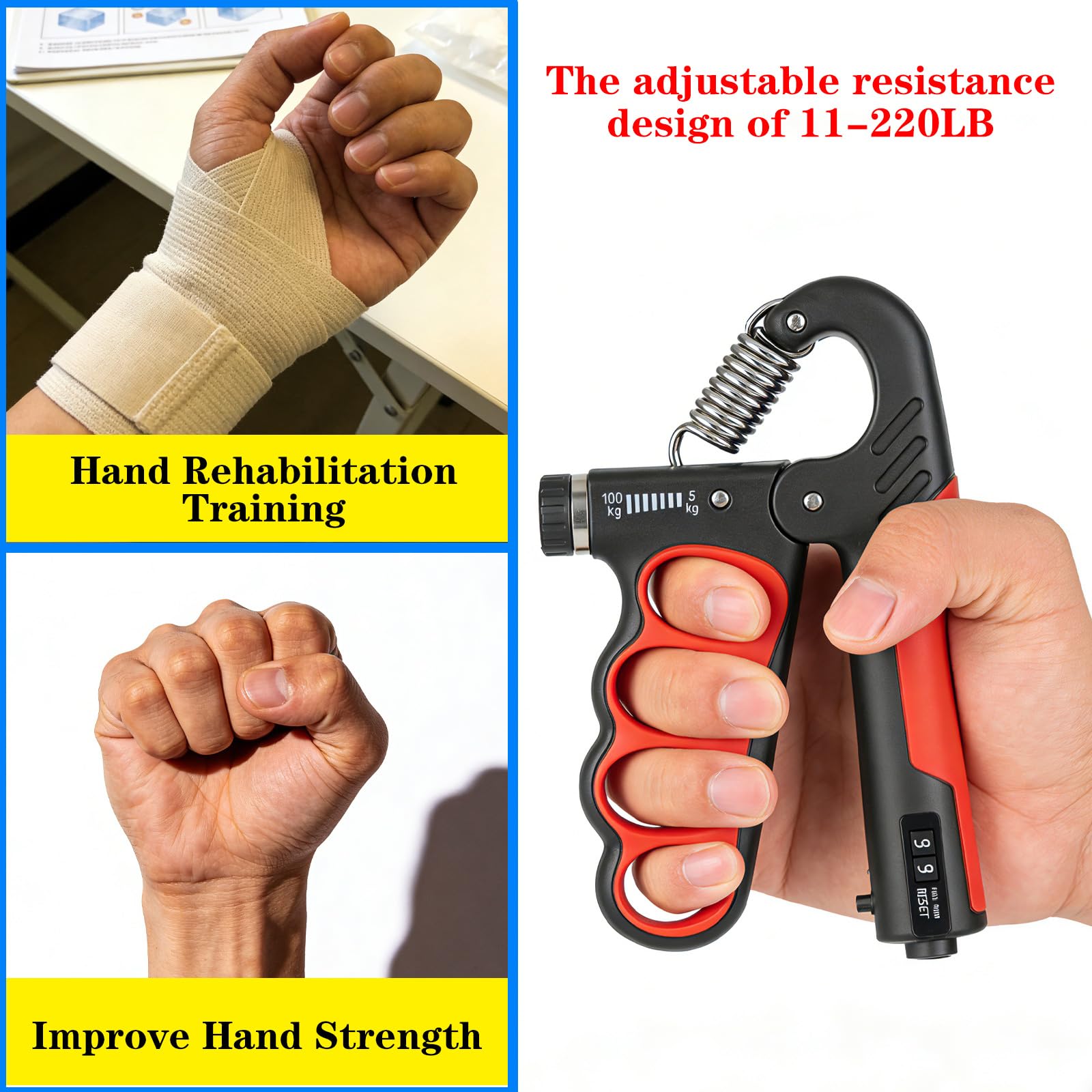 Hautrely 2PCS Hand Gripper Strengthener, 11-220LB Adjustable Resistance Grip Strength Trainer with