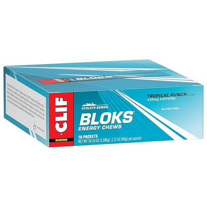 CLIF BLOKS - Tropical Punch Flavor with Caffeine - Energy Chews - Non-GMO - Plant Based - Fast Fuel for Cycling and Running - Quick Carbohydrates and Electrolytes - 2.12 oz. (18 Count)