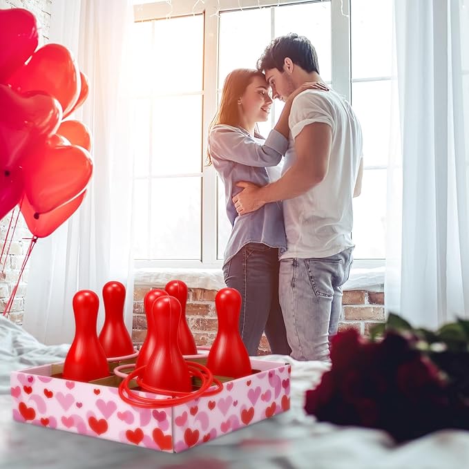 Wettarn Valentine Bottle Toss Game Valentine‘s Day Games Ring Toss with Pink Red Hearts Box 6 Plastic Bottles and 6 Throw Rings for Outdoor Bridal Shower Wedding Activity Party