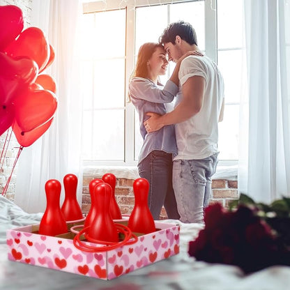 Wettarn Valentine Bottle Toss Game Valentine‘s Day Games Ring Toss with Pink Red Hearts Box 6 Plastic Bottles and 6 Throw Rings for Outdoor Bridal Shower Wedding Activity Party