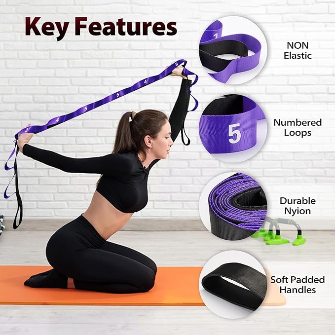 Stretching Strap with 10 Loops-Yoga Strap for Physical Therapy,Home Workout,Pilate & Flexibility Training,Non Elastic Exercise Stretch Band for Hamstring,Leg Stretcher Belt,Flexibility Fascia