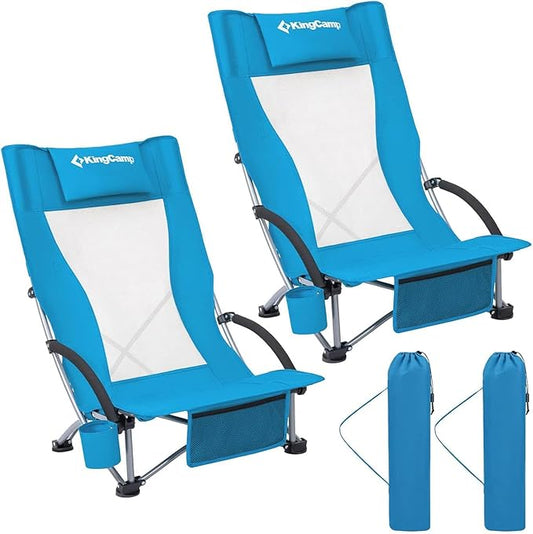KingCamp Low Beach Chairs, Portable Folding Chair for Adults Extra Wide Ergonomic High Back Seat