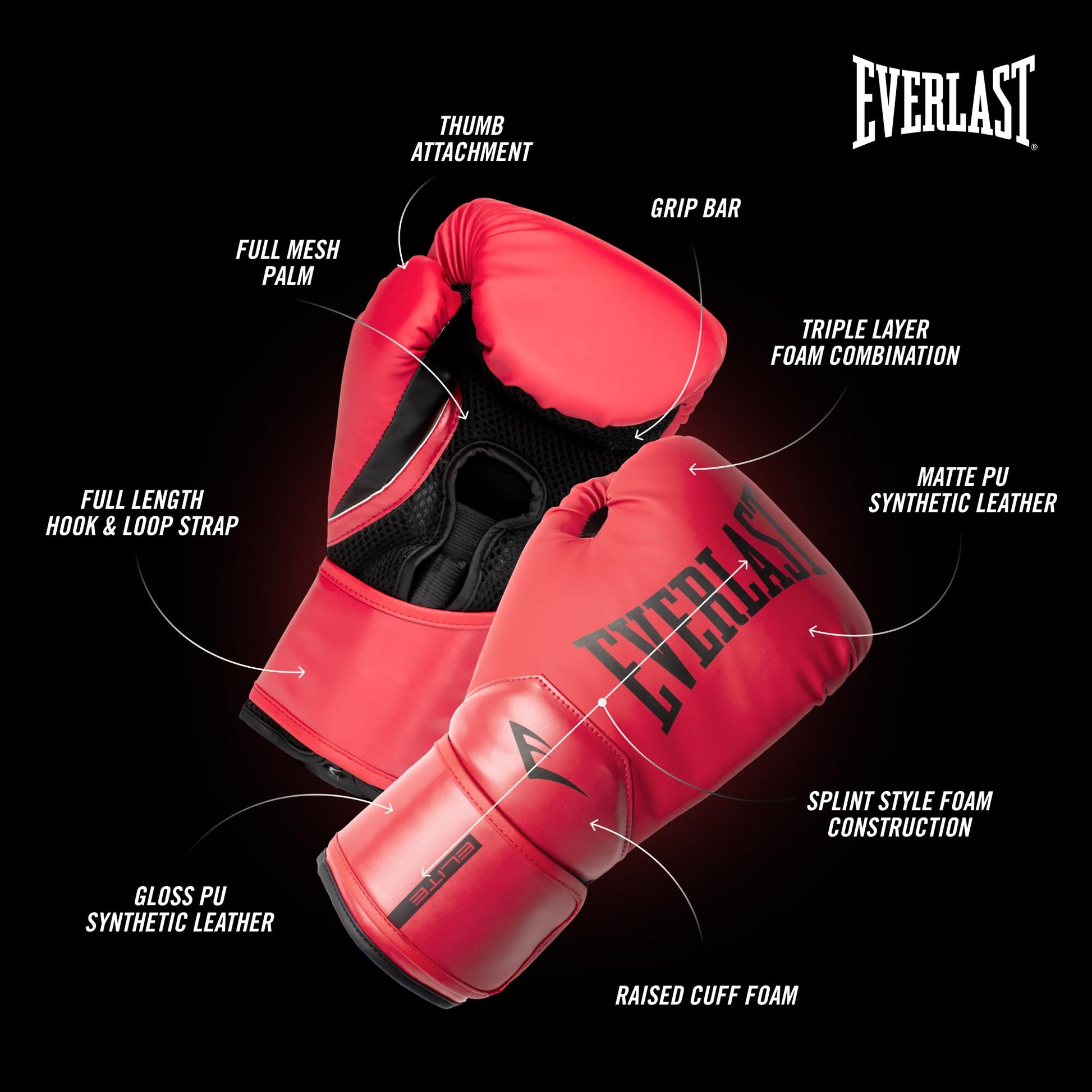Everlast Elite 2 Boxing Gloves | Women, Men, Heavy Bag | Red | 16oz