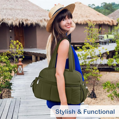 TOPDesign Travel Duffel Bag for Women, Puffer Gym Bag Sports Tote with Wet Pocket, Carry On Weekender with Luggage Sleeve (Dark Green)