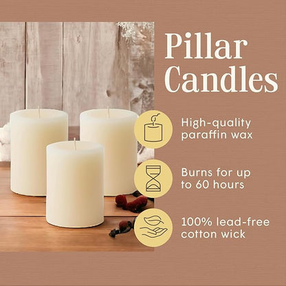 Mister Candle Dripless Vanilla Scented Ivory Pillar Candles Set of 3, Hand Made Vanilla Pillar Candles with Essential Oils for Home Decor, Premium Wax, 60 Hr Burn Time (3x4 inch)