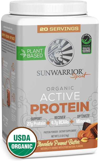 Sunwarrior Organic Plant Based Protein Powder | Vegan Organic Protein Powder with BCAAs Plus Recovery Minerals & Botanicals | Non-GMO Soy Dairy & Gluten Free (Chocolate Peanut Butter, 20 Servings)
