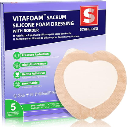 Silicone Sacrum Foam Dressing 7" x 7" with Border, High Absorbency Wound Bandage, Gentle Adhesion, Soft Breathable Bedsore Bandages for Sacral Ulcer, Pack of 5