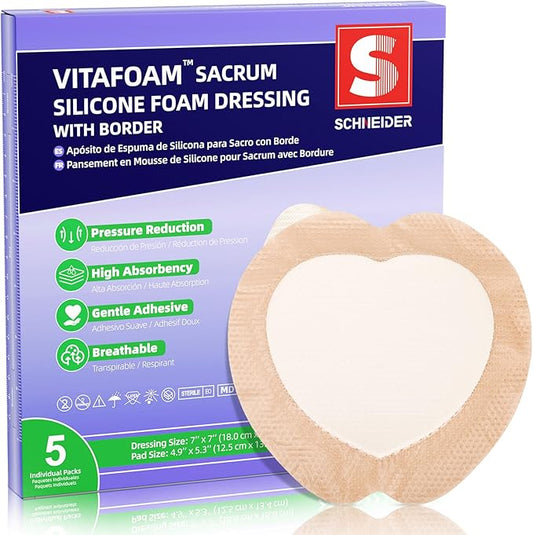 Silicone Sacrum Foam Dressing 7" x 7" with Border, High Absorbency Wound Bandage, Gentle Adhesion, Soft Breathable Bedsore Bandages for Sacral Ulcer, Pack of 5
