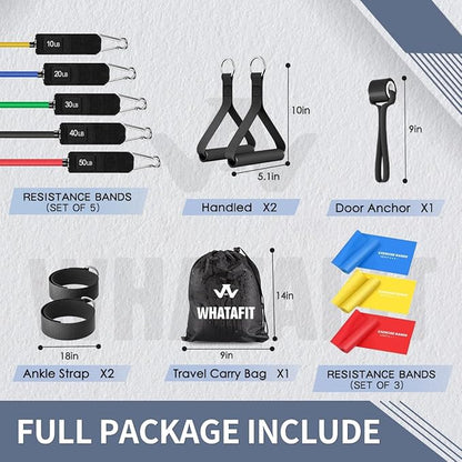 WHATAFIT Resistance Bands, Exercise Bands，Resistance Bands for Working Out, Work Out Bands with Handles for Men and Women Fitness, Strength Training Home Gym Equipment