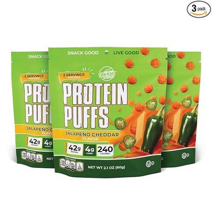 Twin Peaks Low Carb, Keto Friendly Protein Puffs, (Jalapeno Cheddar, 2.1 Ounce), 2 Servings, 3 Pack (60g, 42g Protein, 4g Carbs)