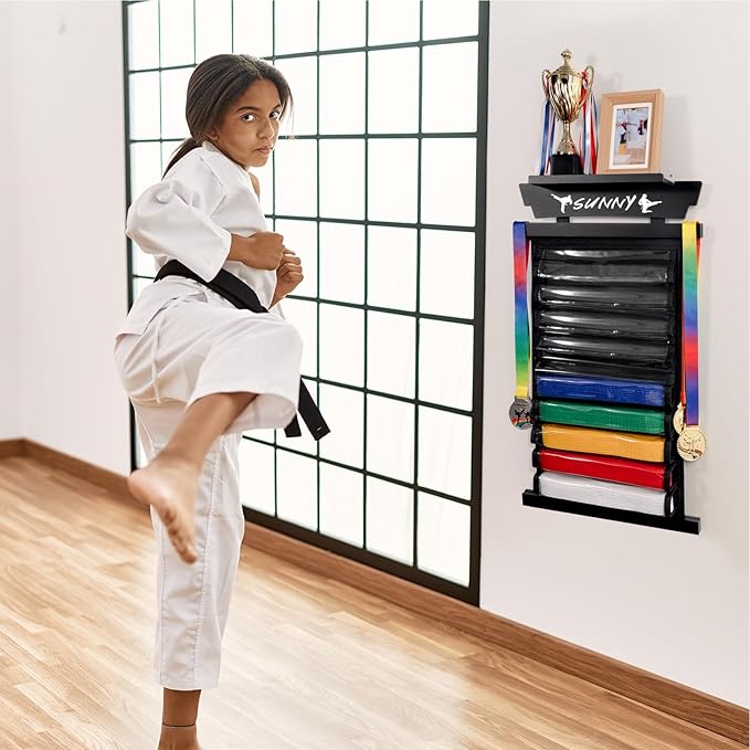Tilhumt 12/10 Belts Karate Belt Display Rack with Stickers, Taekwondo Belt Display with Trophy/Photo Rack, Felt Dustproof Design, Easy to Put in Belt, Martial Arts Belt Display for Adults