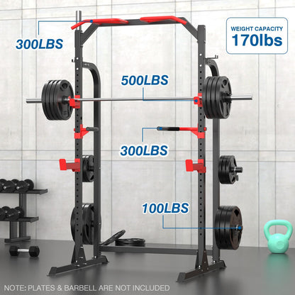 SunHome Power Cage Squat Rack, Multi-Functional Power Rack with J-Hooks, Dip Handles, Weight Plate