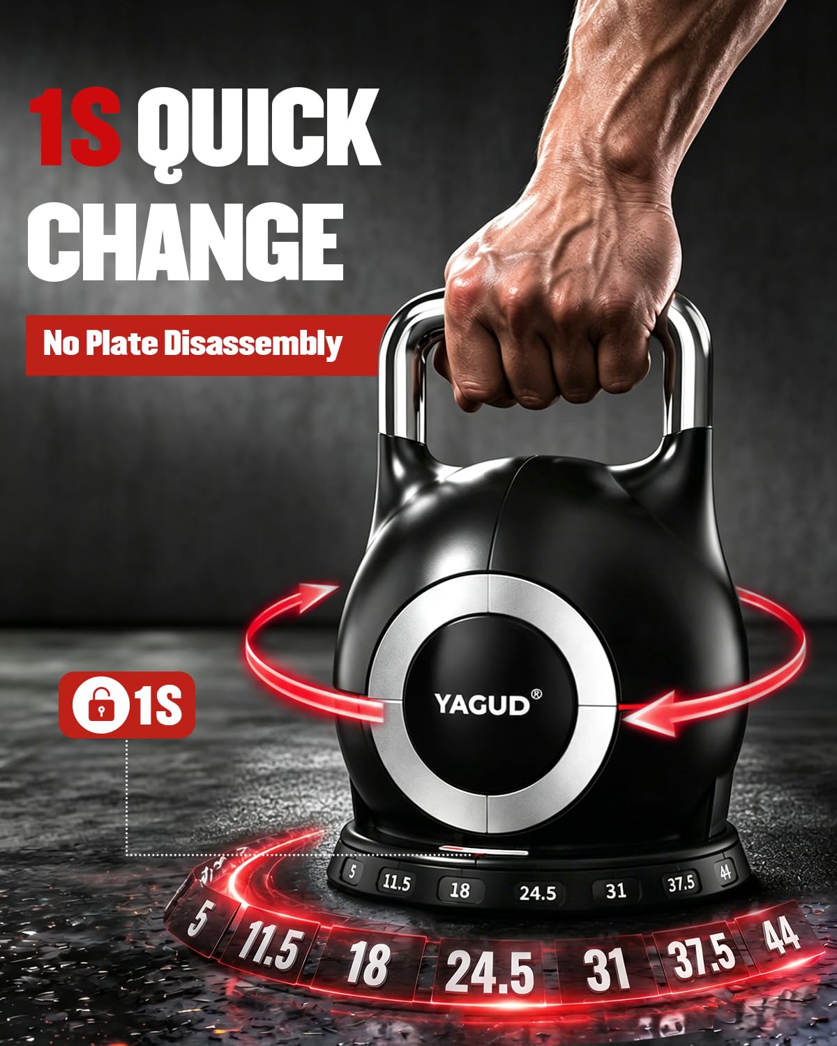 Yagud Adjustable Kettlebell for Strength Training, Quick-Change 5-44lbs Kettle Bells Weights Set