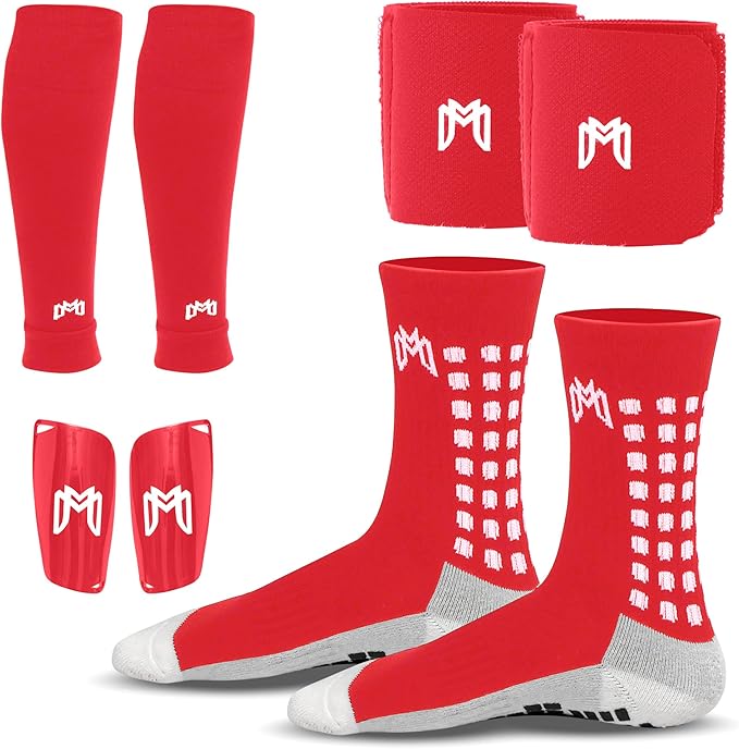 Soccer Grip Socks, Shin Guards, Pre Cut Sock Sleeves, and Guard Straps Bundle Pack - Essential Equipment for Soccer Players - for Mens, Women, Youth, Size 7 to 12 US Men Shoe Size