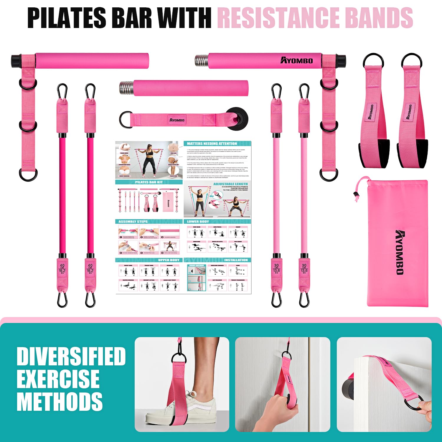 Ayombo Pilates Bar Kit with Resistance Bands, Adjustable Pilates Equipment for Legs, Hip, Waist