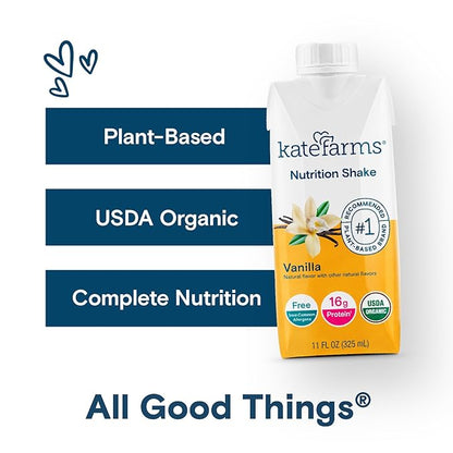 KATE FARMS Organic Nutrition Shake, Vanilla, 16g Protein, 27 Vitamins and Minerals, Protein Meal Replacement Drink, Protein Shake, 11 oz (12 Pack)