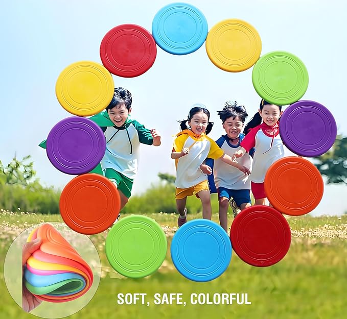 7'' Kids Outdoor Game Flying Discs 12 Pack Party Favors School Teaching Early Education Sports Safe Soft for Toddler Kindergarten Children Colorful DIY Drawing Plate
