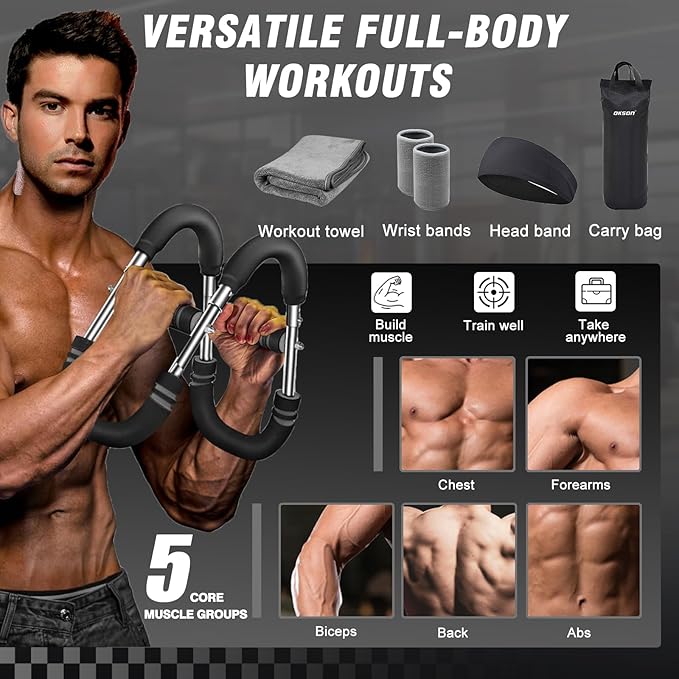 Twister Arm Trainer, Adjustable Chest Workout Equipment, Multi-functional Chest Exerciser for Men and Women, Portable Arm Trainer with 2 Wrist Bands, a Head Band, a Workout Towel and a Carry Bag