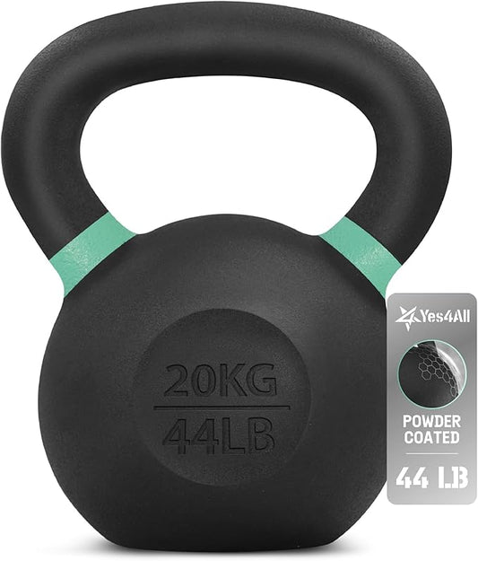 Yes4All Kettlebell, Heavy Duty Powder Coated Cast Iron Kettlebells, Non-Slip Handle & Flat Bottom for Conditioning, Strength Training & Full Body Exercises at Home Gym - Single & Pair