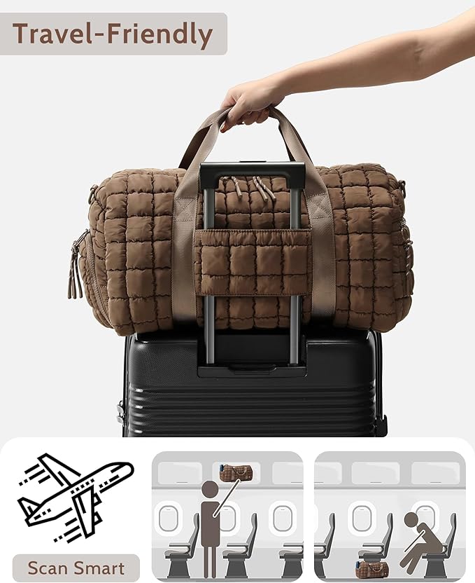 Quilted Duffel Bag for Women, Puffer Gym Duffle Bag with Shoe Compartment Lightweight Large Crossbody Sport Bag Travel Tote Brown