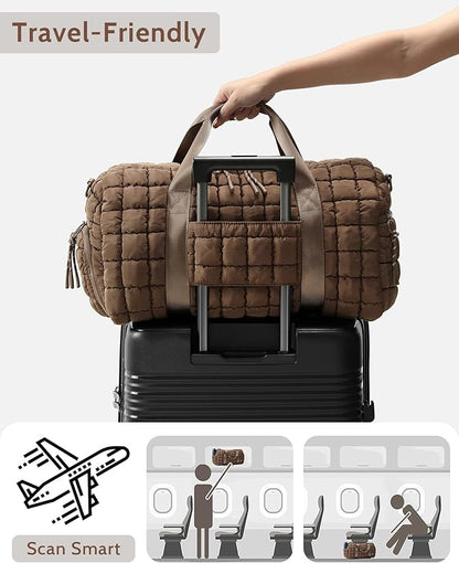 Quilted Duffel Bag for Women, Puffer Gym Duffle Bag with Shoe Compartment Lightweight Large Crossbody Sport Bag Travel Tote Brown