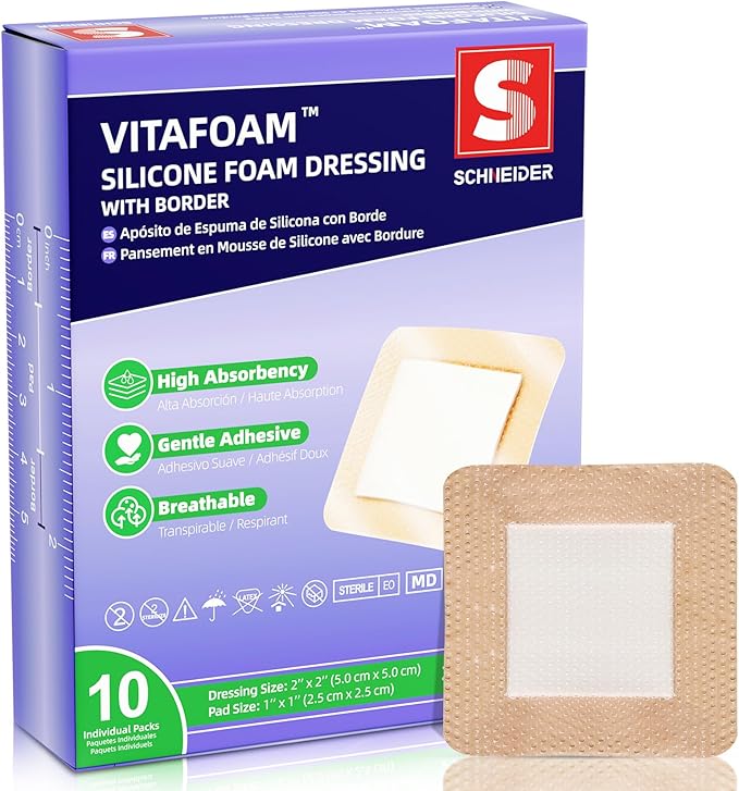 Silicone Foam Dressing 2" x 2" with Border, High Absorbency Wound Bandage, Gentle Adhesion, Soft Breathable Silicone Bandages for Wound Care, Pack of 10