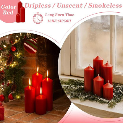 36 Pcs Red Pillar Candles Bulk Set，Hurricane Candlesï¼? Different Lengths (12 Each)，Dripless Unscented Smokeless，Gives You a Better Atmosphere When Organizing Wedding or Event Party.