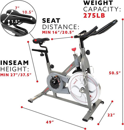Sunny Health & Fitness Indoor Cycling Exercise Bike w/Pulse Sensors & 4-Way Adjustable Seat, Stationary Home Cardio Training Machine w/Micro-Adjustable Magnetic Resistance for Intensive Cardio Session