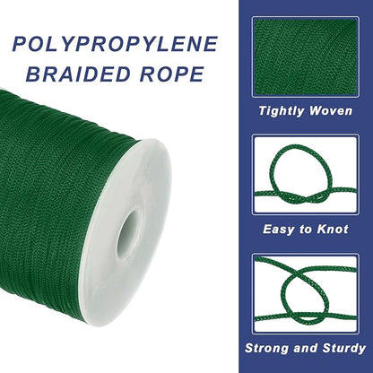 MECCANIXITY 1/16 Inch Polypropylene Rope Braided Ropes, 328ft Nylon Rope Hollow Utility Cord for Clothesline, Camping, Hiking, Outdoor, Dark Green