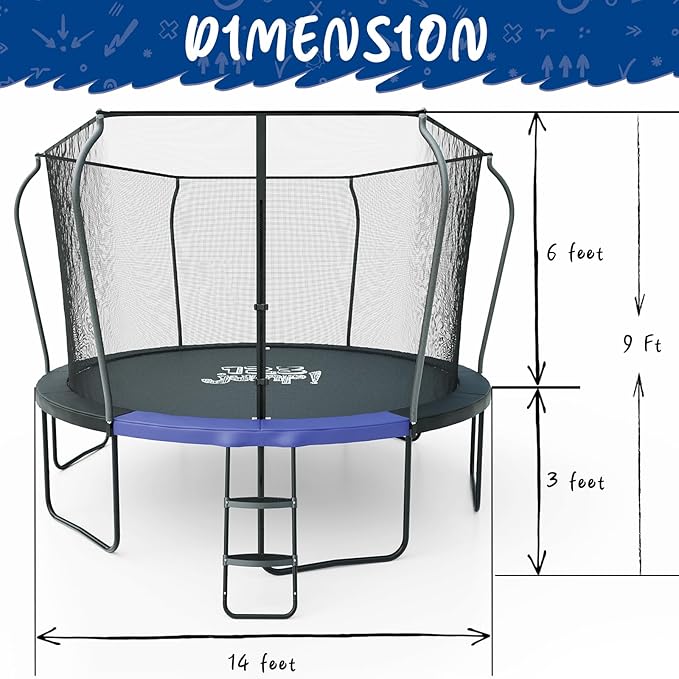 123JUMP by Skywalker Trampolines 10FT 12FT 14FT Outdoor Trampoline with Enclosure and Ladder, Round Recreational Trampoline for Kids with ASTM Approval, Spring Pad Cover, Heavy Duty Jump Mat