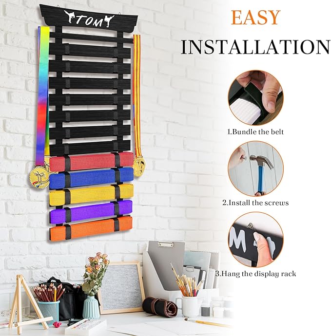 12 Belts Karate Belt Display Rack with Stickers, Martial Arts Belt Display Holder, Taekwondo Belt Display, Jiu Jitsu BJJ Belt Display Hanging Holder for Kids and Adults Gifts