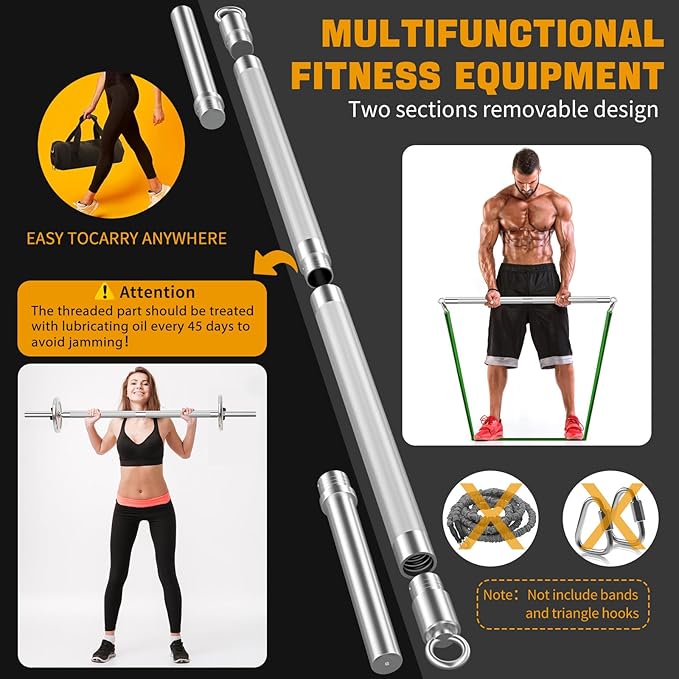 DASKING 4ft/4.9ft Barbell, 1-Inch Standard Detachable Bar, Portable Strength Training Bar for Weightlifting, Squat, Bench Press, Home Gym, 450LBS, Includes Silent Collars