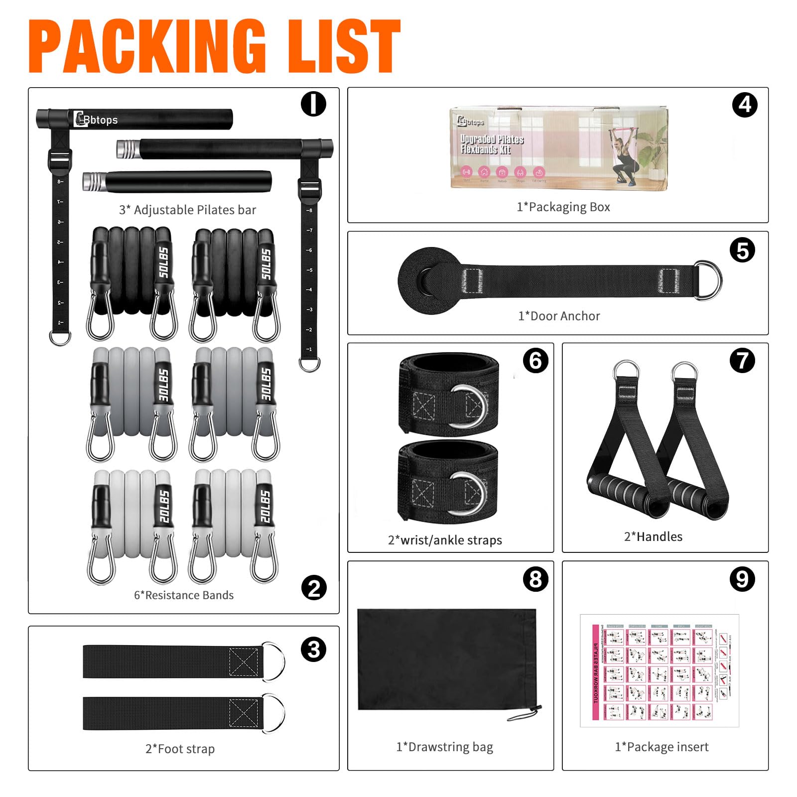 Bbtops Pilates Bar Kit with 6 Resistance Bands for Women & Men Black