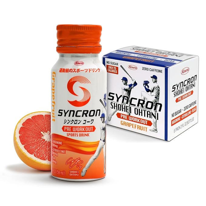 Syncron Pre Workout Sports Drink Endorsed by Shohei Ohtani, Aluminum Bottled, Sugar Free Pre Workout Drink with L Arginine, L Citrulline & BCAAs for Athletes & Training, Grapefruit, 6 Pack, 2 oz