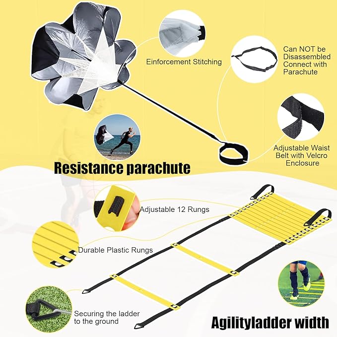 Agility Ladder, Speed Training Equipment Set, 20ft 12-Step Agility Ladder with 4 Fixed Steel Spikes, 5 Resistance Bands, 12 Football Cones, Jump Rope, Running Resistance Umbrella for Kids Teens Adults