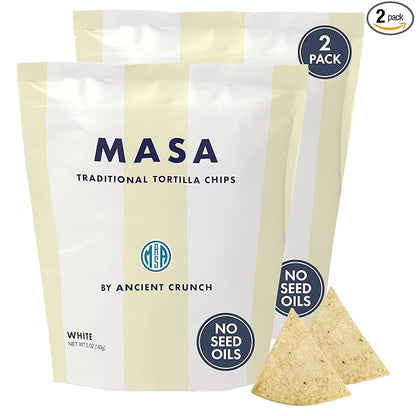MASA Tortilla Chips Snack Pack - Seed Oil Free Snacks, Organic Chips Tortilla - Gluten & Dairy Free, Naturally Grown Corn Chip - Made with Grass Fed Tallow & Sea Salt (2 Pack, 5oz Each - White Corn)