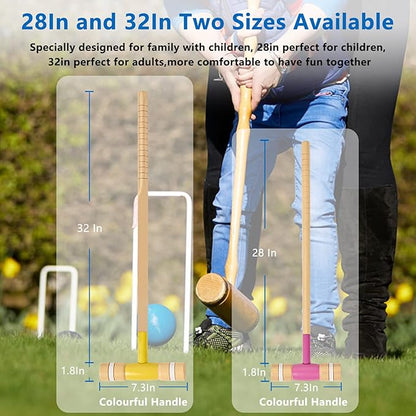 8 Players Croquet Set with 32In Regulation | 28In Standard Size Rubber Wood Mallets, Colored PE Ball, Wickets, 21In End Stakes - Lawn Backyard Game Kit for Teens/Adults/Family