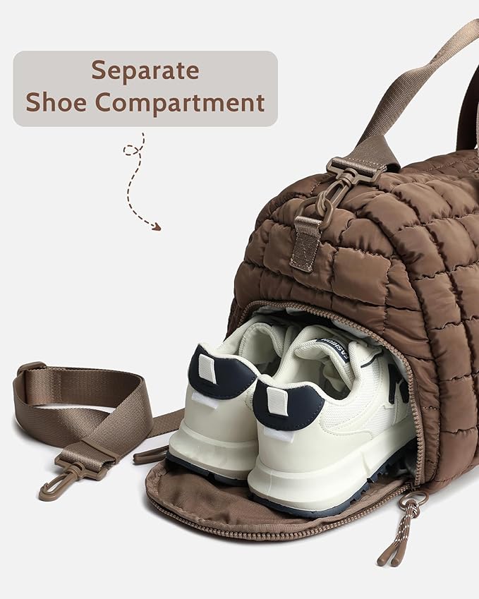 Quilted Duffel Bag for Women, Puffer Gym Duffle Bag with Shoe Compartment Lightweight Large Crossbody Sport Bag Travel Tote Brown