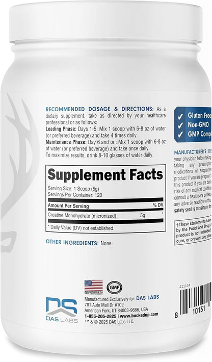 Bucked Up Pure Micronized Creatine Monohydrate for Women and Men - Easy to Mix and Unflavored - 5G Per Serving - 120 Servings - 600 Grams Per Container