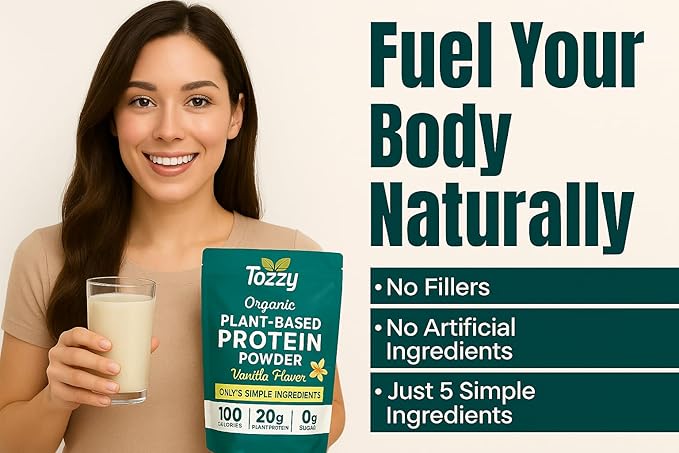 TOZZY Vegan Pea Protein Powder | Plant-Based Protein | Only 5 Simple Ingredients | 20g Protein, 100 Calories, 0g Sugar | Non-GMO, Vanilla