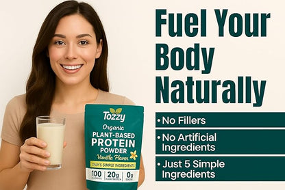 TOZZY Vegan Pea Protein Powder | Plant-Based Protein | Only 5 Simple Ingredients | 20g Protein, 100 Calories, 0g Sugar | Non-GMO, Vanilla
