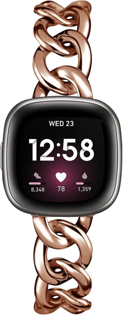 Cool Women Chain Metal Smartwatch Bands Compatible for Fitbit Sense/Fitbit Versa 3 Bands for Dressy Women, Metal Wristband Strap for Fitbit Sense 2/Versa 4 (Rose Gold)
