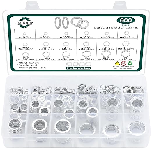 600PCS Oil Drain Plug Gasket Kit,18 Sizes Aluminum Crush Washers Assortment Kit,Automotive, Crush Washer Oil Drain Plug M6 M8 M10 M12 M14 M16 M18 M20 M22 M24