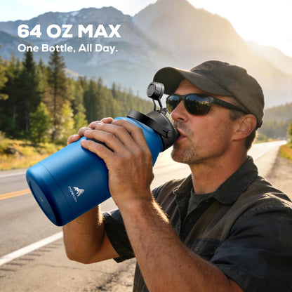 POWCAN 64 oz Insulated Water Bottle for Sports: 2-in-1 Straw & Spout Lid, Leakproof, Carrier Bag