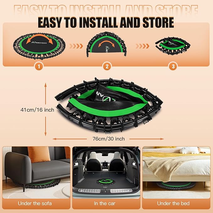 ANCHEER 40" Foldable Mini Trampoline,Max Load 450lbs/550lbs Indoor Trampoline,with 4 Level Adjustable Foam Handle and Resistance Bands,Adult Exercise Trampoline for Home, Garden, and Gym